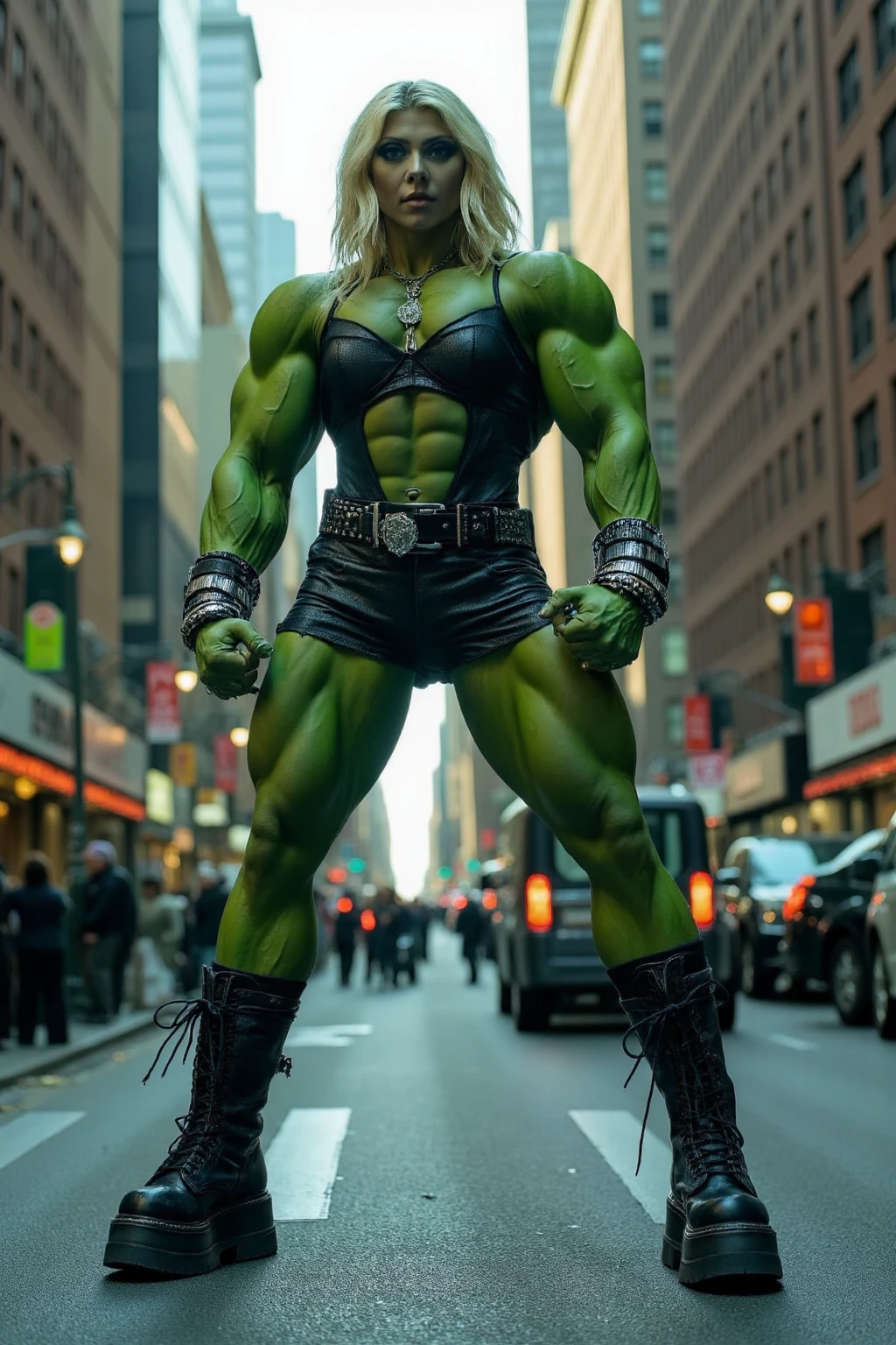 (Muscular:1.5), (thick thighs:1.6),
(CARTOON_shehulks_bodysuit_ownwaifu:1.5), (green skin, green hair), (big smile:1.5),
stud earrings, lipstick, eyeshadow,
hard nipples,
(crop top, shorts, white gloves, midriff),
looking at viewer, three quarter view, (upper body view),
rim lighting, two tone lighting, dim lighting, soft lighting, bokeh, detailed skin, detailed eyes