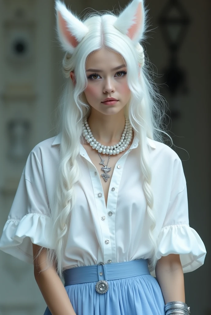 girl with long white hair and blue eyes standing in a city, girl with white hair, girl silver hair, perfect white haired girl, soft portrait shot 8 k, silver hair girl, color photograph portrait 4k, with long white hair, with white long hair, hyperrealistic teen, one girl has white hair, young girl, 8k portrait render, earrings, bracelet, necklace