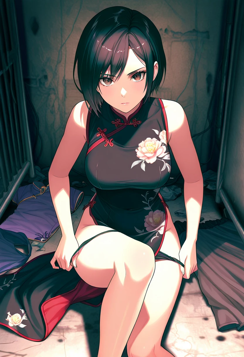 mine same as the original, mine, , (:1.2)
rest , (cheongsam), (view from below), (Put your arms behind your back), (Crotch cutout), permanent,
rest looking at viewer, closed view, 
rest, Home,
rest (masterpiece:1.2), best quality, high resolution, unified 8k wallpaper, (illustration:0.8), (Beautiful and delicate eyes:1.6), extremely detailed face, perfect lighting, Very detailed cg, (perfect hands, perfect anatomy),,huge，, Headband, black gloves, hairpin, Spider web print, Heart, Headband