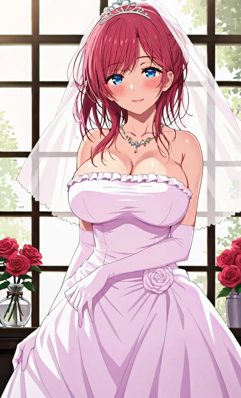 (masterpiece, top quality, best quality, official art, beautiful and aesthetic:1.2), (1girl:1.3), extremely detailed, official artstyle, highest detailed, parted lips,wallpaper, pink eyes, long hair, beautiful red hair, ponytail hairstyle, elf ears, two horns, black horns, bangs, (happiness, beautiful smile, happy expression, happy face), medium breast, ((Wedding dress, chies, Bridal veil, Wedding, Bouquet)),(cowboy shot), holding a flower, cowboy shot, wedding vibes