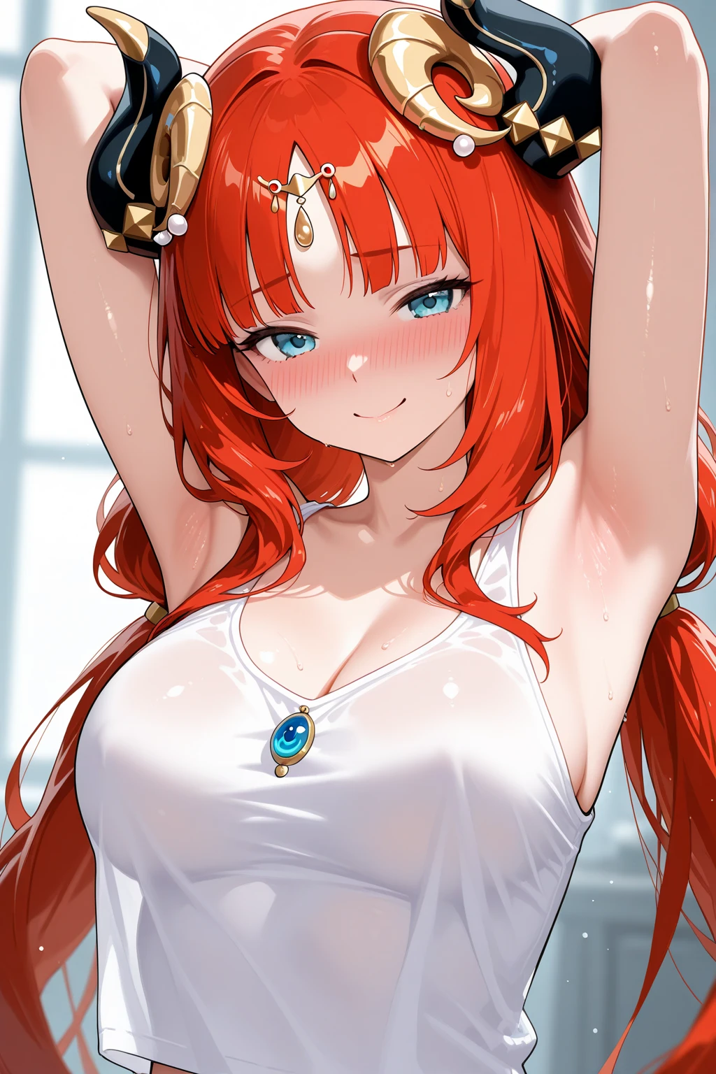Masterpiece, nilou, genshin impact, red hair, Hot, busty, medium breasts, home, posing