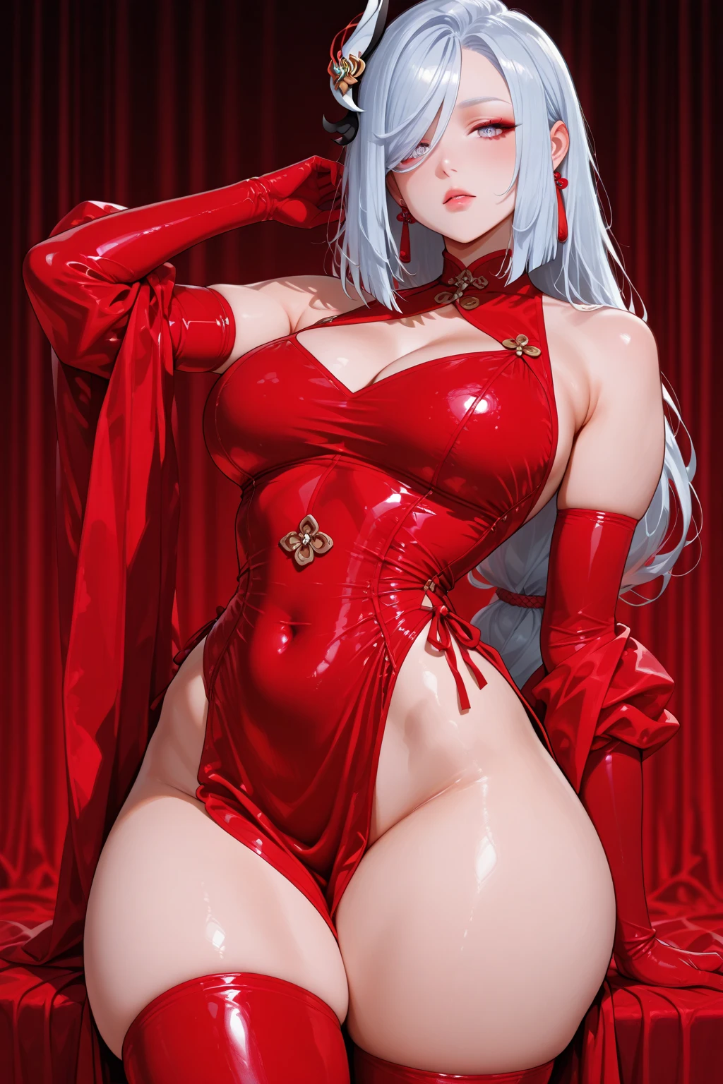 Masterpiece, best quality, 1 girl, beautiful, mature female, Milf, very long hair, white hair, braided, rose hairpin, blue eyes, calm, earrings, necklace, sexy red dress, dakimakura \(medium\), pelvic, bed sheet, red petals, ray tracing