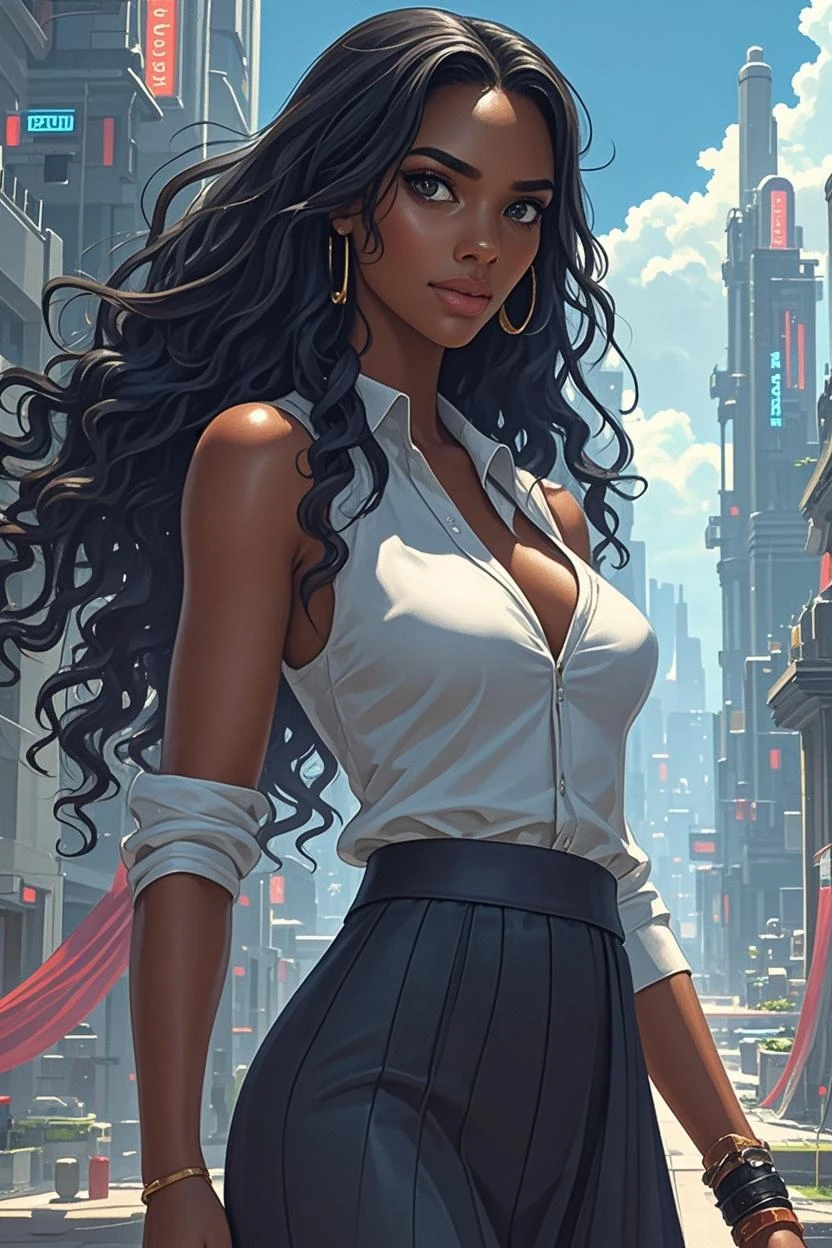 (masterpiece, best quality:1.4), (beautiful, perfect, delicate, detailed, intricate, aesthetic:1.2), cinematic shot, natural light, light particles, sunlight, atmospheric, vivid colors, (depth of field:1.4), looking at viewer, (ebony, black skin:1.4), (perfect face, detailed face, eyeliner, glossy lips), (natural breasts, narrow waist), (long wavy hair, gray hair, grey hair), (delicate pencil skirt, delicate thighhighs, blazer, straps, open buckles, cleavage, choker, jewelry), (skindentation), (cup of coffee), outdoors, busy square, people in the background, crowd, buildings, trees, plants, garden, streets, cars, (cowboy shot:1.4),