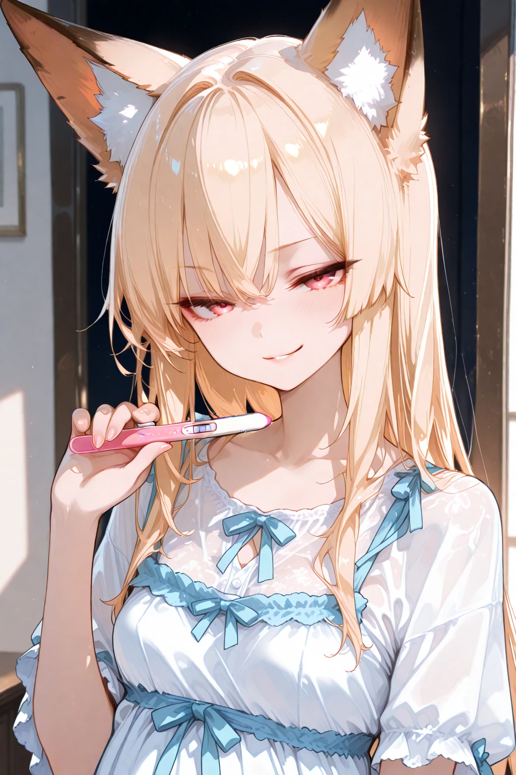 1girl、(((best quality)), ((masterpiece)), (details), masterpiece, best quality, high quality, ulutra detailed, perfect face, ((1girl, blond eyes, tiger ears: 1.3 blond long hair: 2.5,Mole under left eye:2.0))、Shiny Hair、Glowing Skin、Lustful look、pajamas、pajamasの短パン、night、Brushing your teeth、sleepy、Washroom