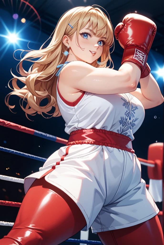 high quality, detailed picture, Girl, Arrogant smile, Long straight blond hair, Wearing cheongsam, Wearing boxing gloves, Black garter stockings,High heel, Standing alone in the octagon,Raise your hands to face height for defense,Large Breasts,Cleavage,Long legs,Thin waist