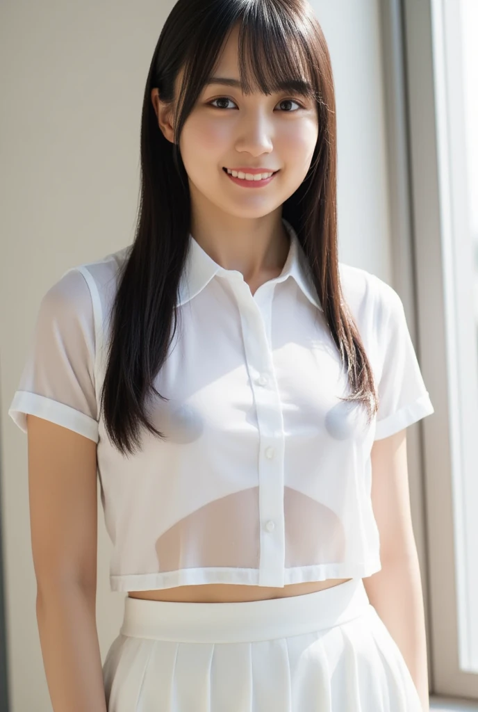 8K,masterpiece,Japanese,14-year-old girl,from the front,smile,cute,Innocent face,Innocent,Kind eyes,Childish,Plain T-shirt,Short sleeve,Shorts,semi-long,Hair blowing in the wind,Black Hair,Somewhat strong wind,noon,bright,M-shaped feet, (Large Breasts:1.2),(Emphasize the chest)