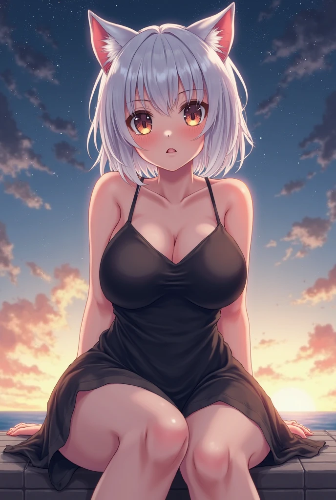 portrait, 1 girl, beautiful face, asymmetrical hair, multi-colored hair, belt, partial unzipped black halter swimsuit and showing clevage, navel, grey eyes, hip vent, cute,back turned, look at viewer, night city beach, neon, sitting on the beach, leaning