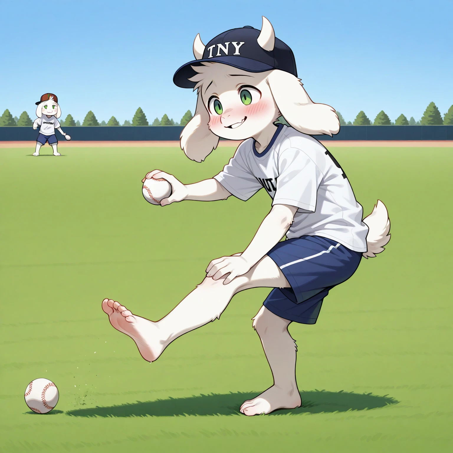 By bebebebebe, by lostgoose, by goonie-san, furry, male, bunny, serious, brown eyes, fit, slim, white fur, curly white hair, volleyball, stadium background, jumping, right arm back, left arm pointing up, legs bent