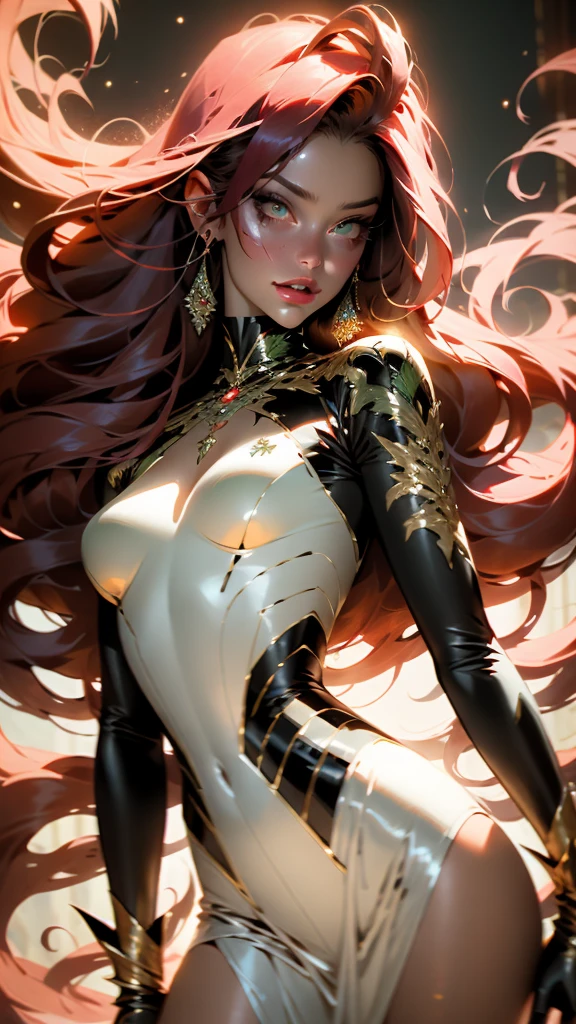 Photo of 25 year old European girl, RAW, beautiful woman, (brown hair with extra long wavy), ((portrait)), (Detailed face: 1.2)), (Detailed facial features)), (Fine skin), pale skin, high detail and deep cleavage body conhasmat suit, slim body, megacity environment, (cold color), wet, moist, reflection, (masterpiece) ( Perfect proportions) (realistic photos) (highest quality) (detail) shot with Canon EOS R5, 50mm lens, f/2.8, HDR, (8k) (wallpaper) (movie lighting) (dramatic lighting) (sharp focus) (complex) fashion