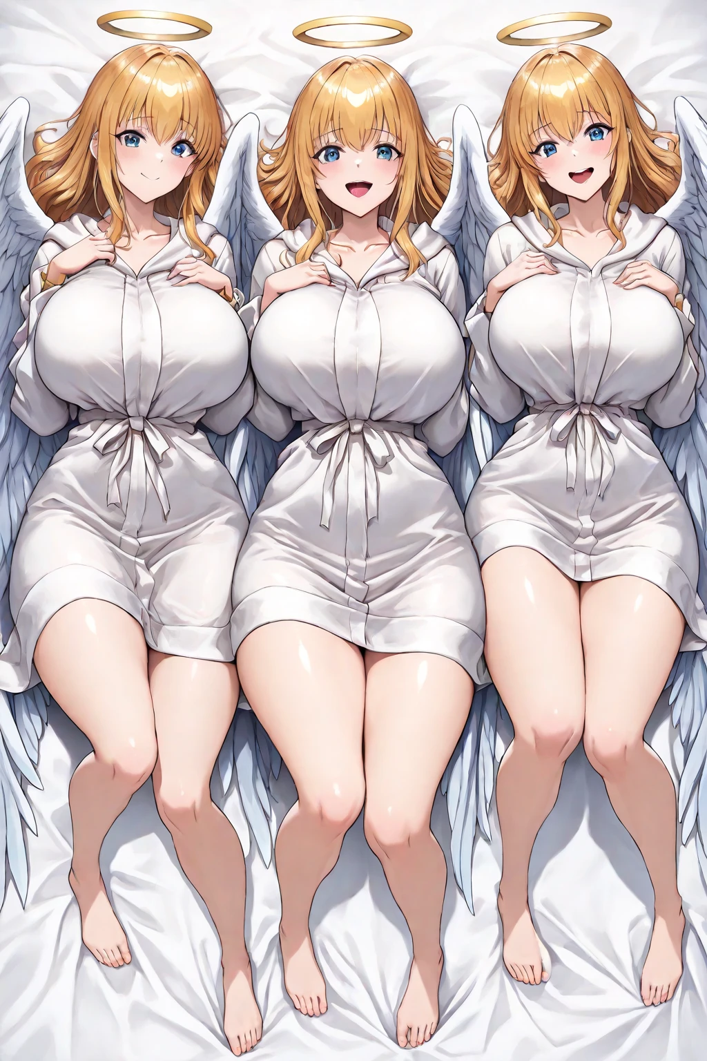((super high quality,Ultra-high resolution,16K,super masterpiece,Ultra HD ,Detailed shading)),Dark bedroom,Lying in bed,((3Mature women:1.8,sexy mothers,Same costume for everyone)),Bust 90cm,Cleavage,(Naked shirt,popped Tight collar White shirts,Long sleeve),Glasses,View here,blush,Ahegao,Ecstatic smile,Sweaty,A small amount of drooling,Open your legs a little,semen,Pearl Earrings,Pearl Necklace,Engagement Rings,