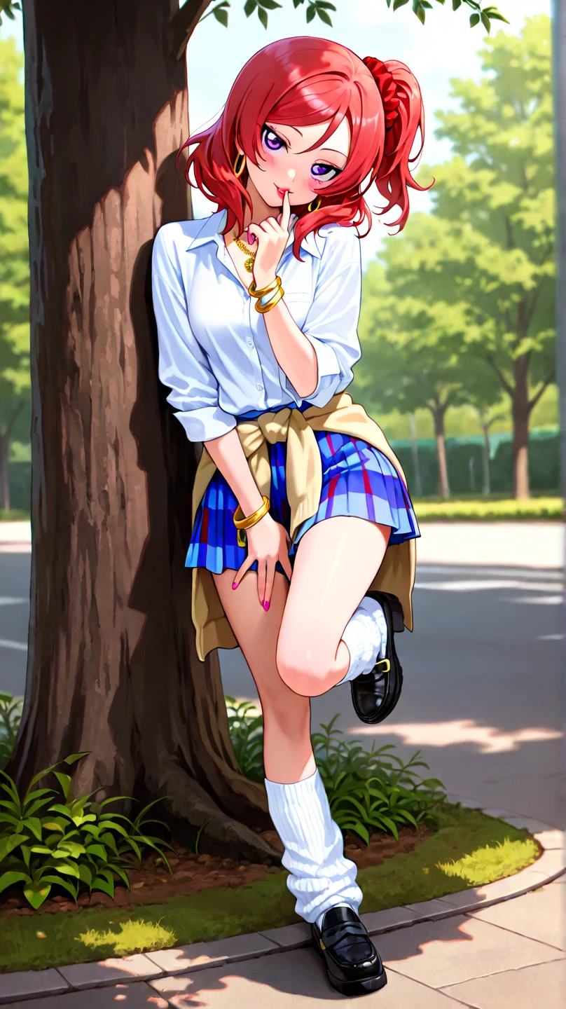 Emma Watson,  very curly red hair, head bow, very tiny miniskirt,, gray pantyhose, Lifting miniskirt,  sun shiny day