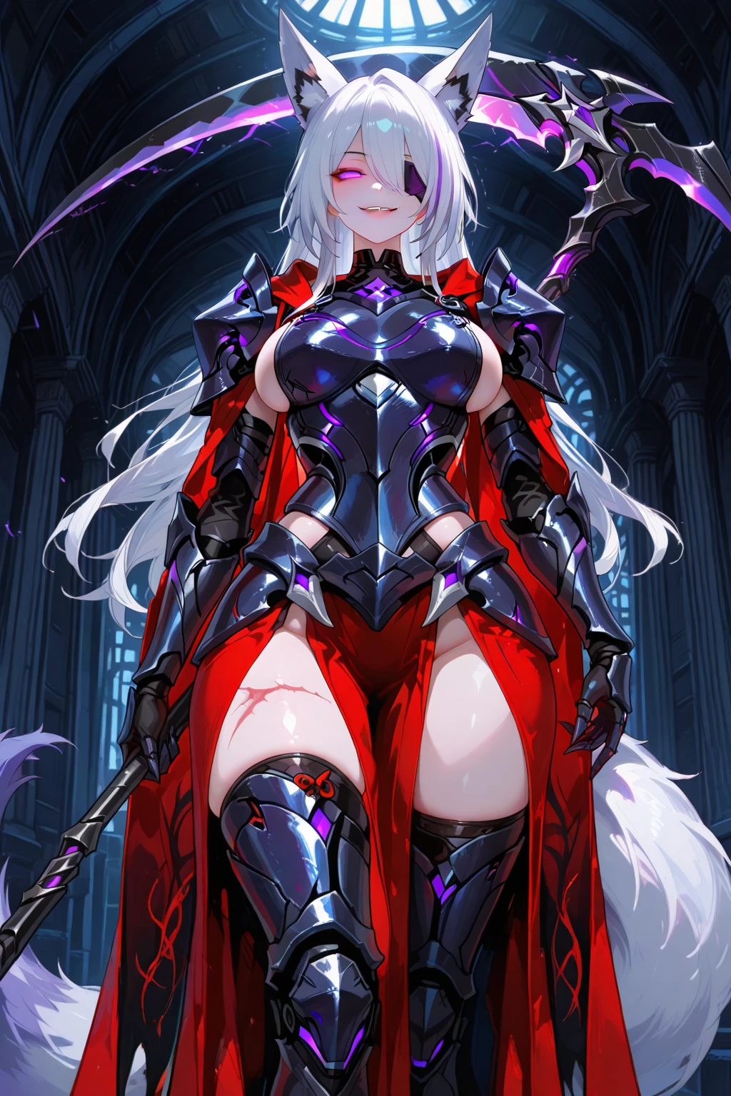 avenger,mid size breast,The chest area is exposed,Eyes are perfect, eyes color is scarlet ,Garter, big sword,princess tiara,Cross Necklace,hair over one eye,Knee socks,Hair color is golden,Devilish,Church Background, high Quality,best quality, neko ears, corrupt church knight, sexy pose,capitan harlock vibes, inside a space ship