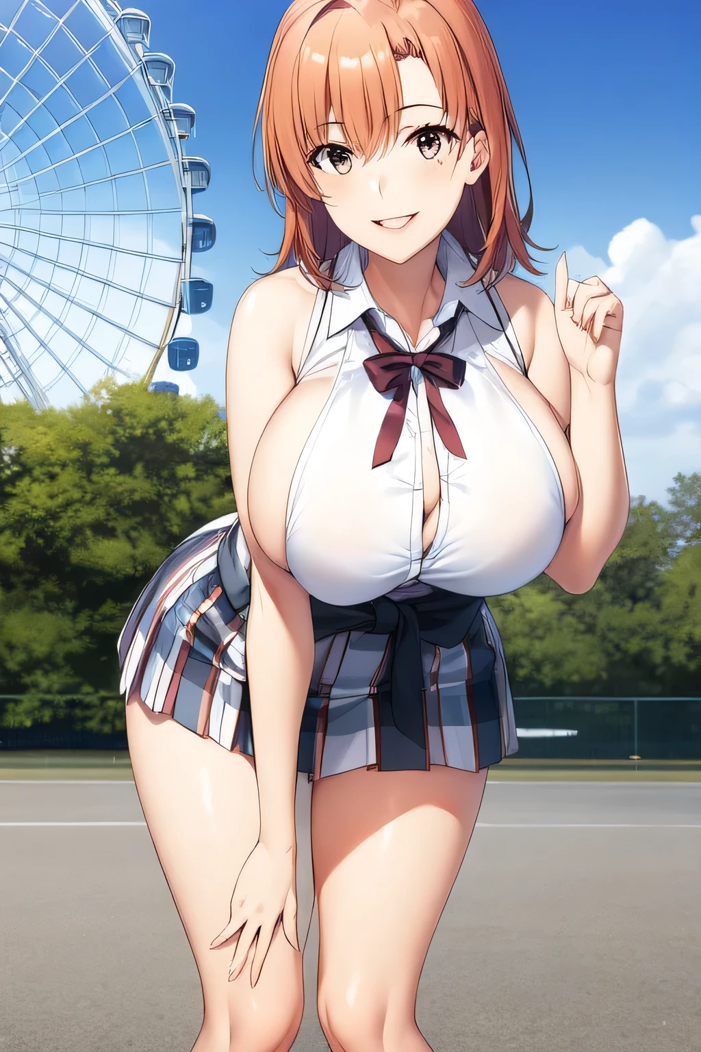 can you draw a smiling woman in front of the giant ferris wheel at Takasago Rinkai Park,,big boobs,sleeveless blouse,pleated miniskirt,Accurate representation of hands and feet, , big boobs, thin waist , , ,I need a face,The animated CG