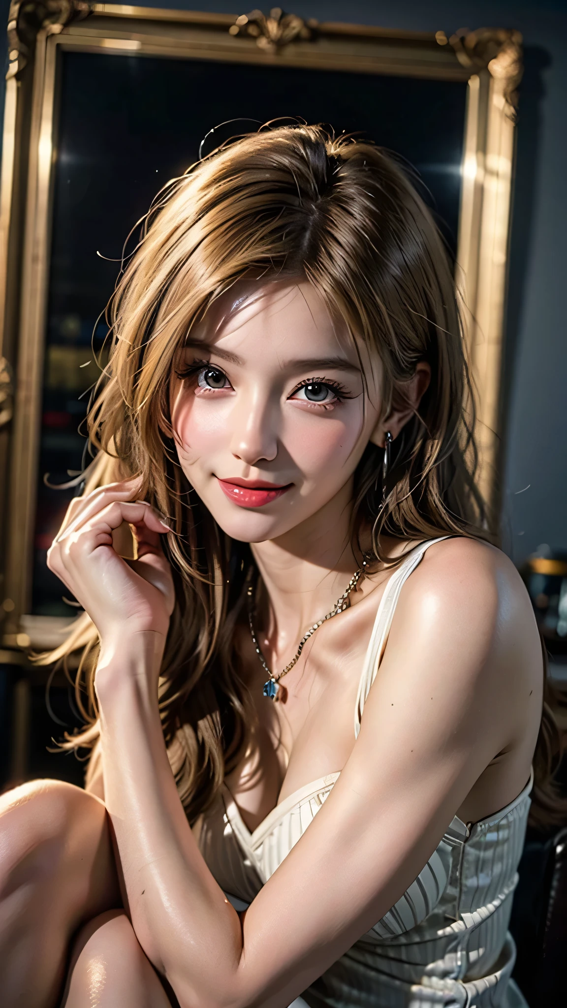 ((knee shot)), Shot from a random perspective, 22-year-old Asian model, slim, Slimming the waist, curlies, Pink princess dress, cropped shoulders, high-waist, Nice belt, golden hair, warm lights, Warm tones Slender legs, Cross ed leg, inside in room, Lie down in bed, blonde hair, streaked hair, hair ornament, heart-shaped pupils, makeup, light smile, shy, licking lips, Romanticism, Social realism, chiaroscuro, motion blur, anaglyph, Sony FE GM, UHD, masterpiece, textured skin, super detail, best quality