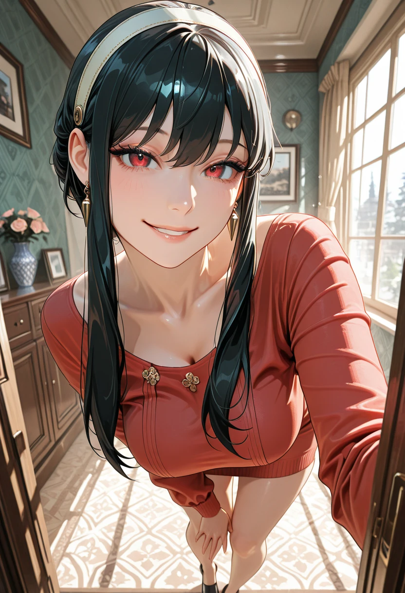 a close up of a woman in a red dress and high heels, a low poly render by senior character artist, Artstation, fantasy art, beautiful alluring anime woman, cushart krenz key art feminine, anime goddess, photorealistic anime girl render, detailed long black hair, anime girl wearing a black dress, gorgeous figure, gothic maiden anime girl