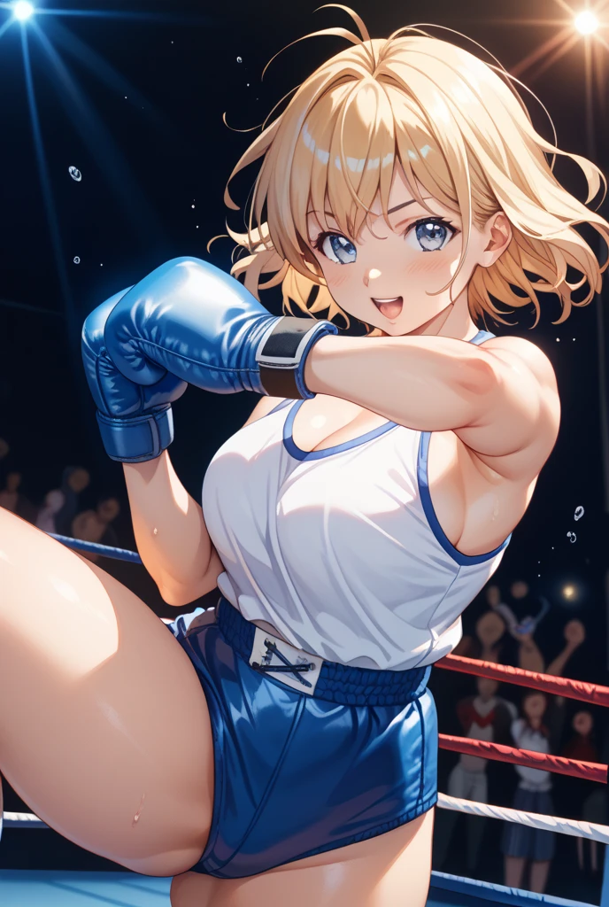 ((nsfw,1man and 1woman,having rape,raping,vaginal penis)),(During a martial arts match、simple boxing ring)、((perfect anatomy,realistic,:1.3,RAW Photography:1.3,masterpiece、highest quality、Ultra - High resolution、High resolution、Highly detailed CG、8K)),cowboy shot,1 female,solo,20 year old beauty、female martial arts athlete、beautiful detailed face and eyes,big and gorgeous eyes),dark blue eyes,(blonde hair,short bob hair,bangs),(large breasts,slender body,small head:1.4, toned body, gleaming skin,oily skin,shiny skin),((injury,sweat,Bruises from being beaten a lot:1.5)),(navy blue sports bra、Dark blue sports shorts、yellow open finger gloves)、simple martial arts ring、dim lighting、underground、Audience in the background、