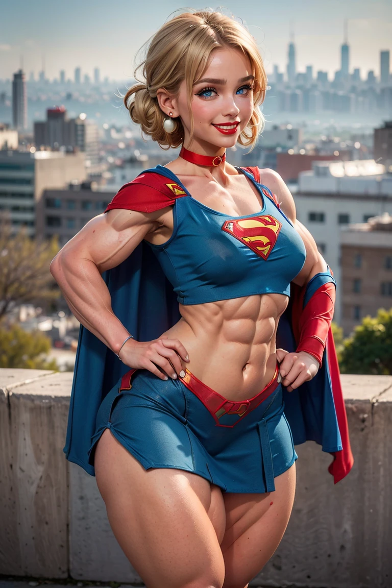 (Muscular:2.5), (thick thighs:2.4),
(blonde female:1.4), supergirl, (big smile:1.6), (android 18 haircut),
(earrings, lipstick, eyeshadow),
(hard nipples), (small breasts:2),
(small red cape:2), (pleated skirt:2), (tanktop, midriff:1.5), (choker),
(looking at viewer:1.8), (three quarter view), (upper body view:1.8), lowlegp,
(floating in midair, sky and clouds background:1.3), rim lighting, two tone lighting, dim lighting, bokeh, detailed skin, detailed eyes