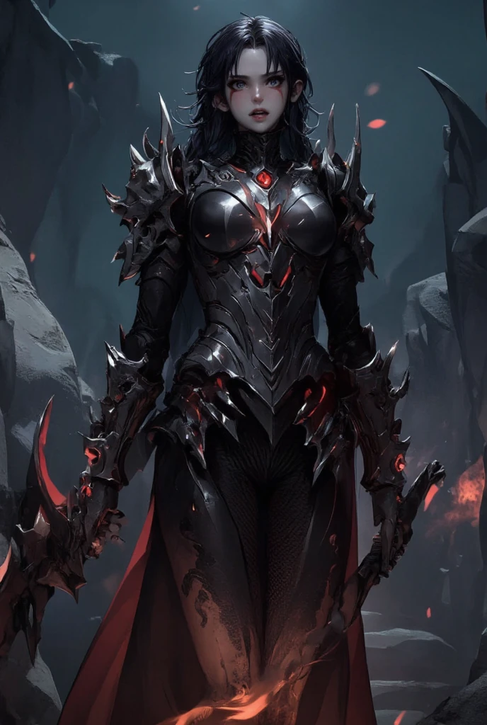 A slender female dragon knight in (((jet-black))) armor designed to resemble dragon scales, with a full helmet shaped like a dragon's face, scarred from battle, stained with blood and mud, gripping a lance, sweat glistening on her skin."
