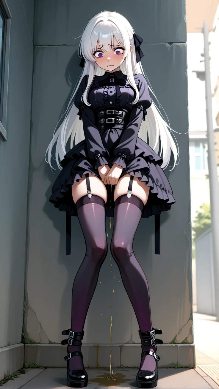 masterpiece, best quality, highres, aakyoko, long hair, (lavender hair:1.1), side braid, blunt bangs, hair ribbon, black ribbon, high collar, brown necktie, black jacket, open jacket, long sleeves, black gloves, (midi skirt:1.5), black skirt, pleated skirt, danganronpa \(series\), (full body:1.2), curvy, standing, (from behind:0.7), (from below:1.3), (ass:0.6), nice thighs, thighs focus, (heavy wind:1.3), eerie basement, danganronpa \(series\), laced underwear, (black underwear:1.5)