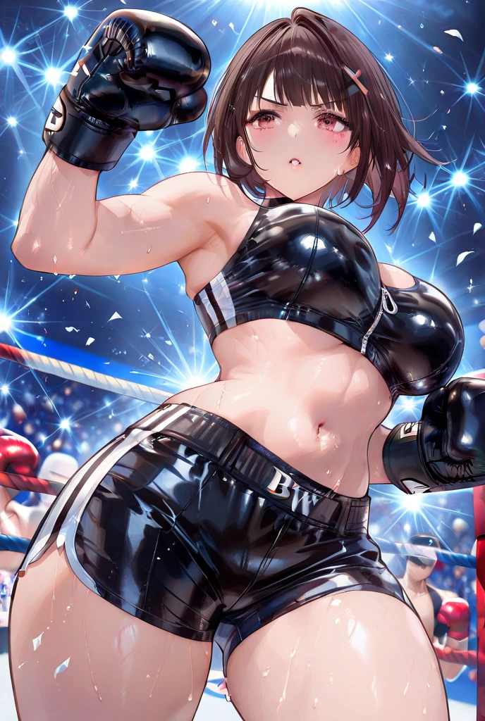 Short cropped brown hair,Female Boxers,((Red Boxing Gloves)),((Black Sports Bra)),well-muscled,abdominals,Large woman,((Slouching posture))Boxing matches,Sweat and saliva all over the body,
