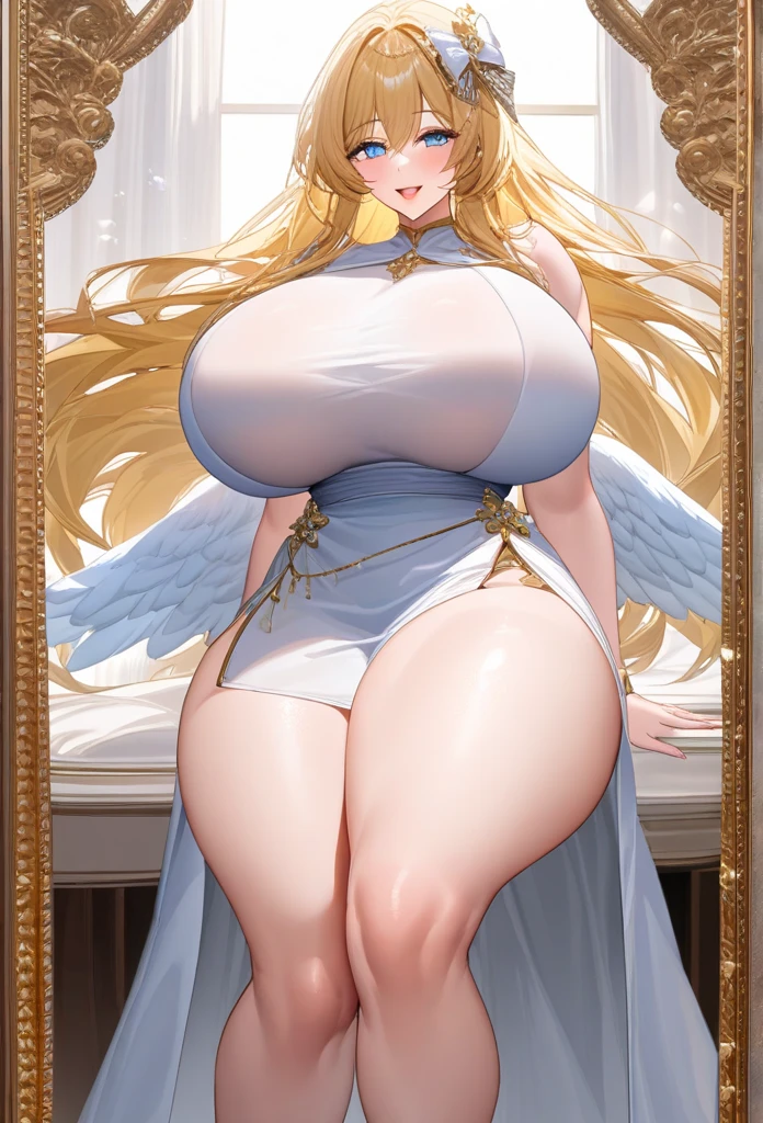 最high quality, high quality, 8K、High resolution,Highest quality、solo、Arafe woman wearing a white bikini, belly button、From below、Thighs、Background of a room with a chandelier、Are standing、Open Mouth Smile、Blonde hair and blue eyes、白いビキニを着ているsuper Wide Angel, Majestic angel all over the body, Anime Goddess, Wide Angel, Angela White, Epic pose,Beautiful and attractive anime woman wearing a white bikini, Huge and stunning goddess shots, Angel Knight Girl, Tall female angel, She has angel wings on her back, Highly detailed goddess shot