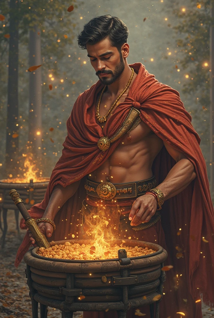 (8k,photorrealistic　RAW photograph　Maximum quality;1.4) (1 Korean) Super handsome king of the underworld　(lifelike face) 　(reddish-brown hair,  long curly hair in the wind)　slenderbody　Muscular and macho　big golden eyes　Colorful metallic aristocratic attire with seven cups　Seven Cups Decoration　Fangs peeking out of the mouth　Pointed claws　a seductive gaze　Beautiful expression　A hyper-realistic　(King of the Underworld)　appealing　(real looking skin)　super high resolution　high détail　Luxury trousers with seven cups　Aura with red flowers emanating from the body　effect　seven-cup metallic cloak 