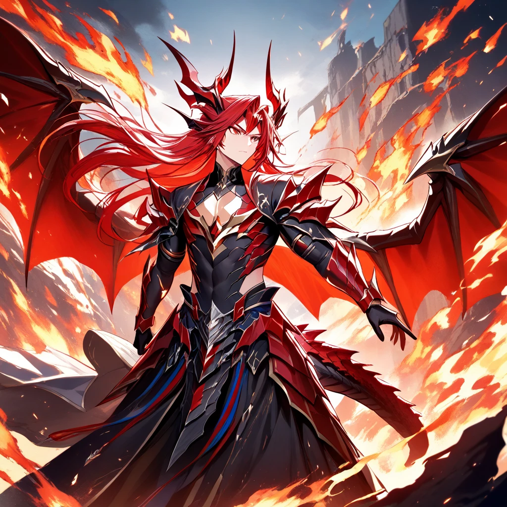 1male, high detail,  best quality , masterpiece , 4k resolution , dragon_hybrid, red scales, dragon tail, wings, dragon wings, long hair, red hair, fire, dragon horns
