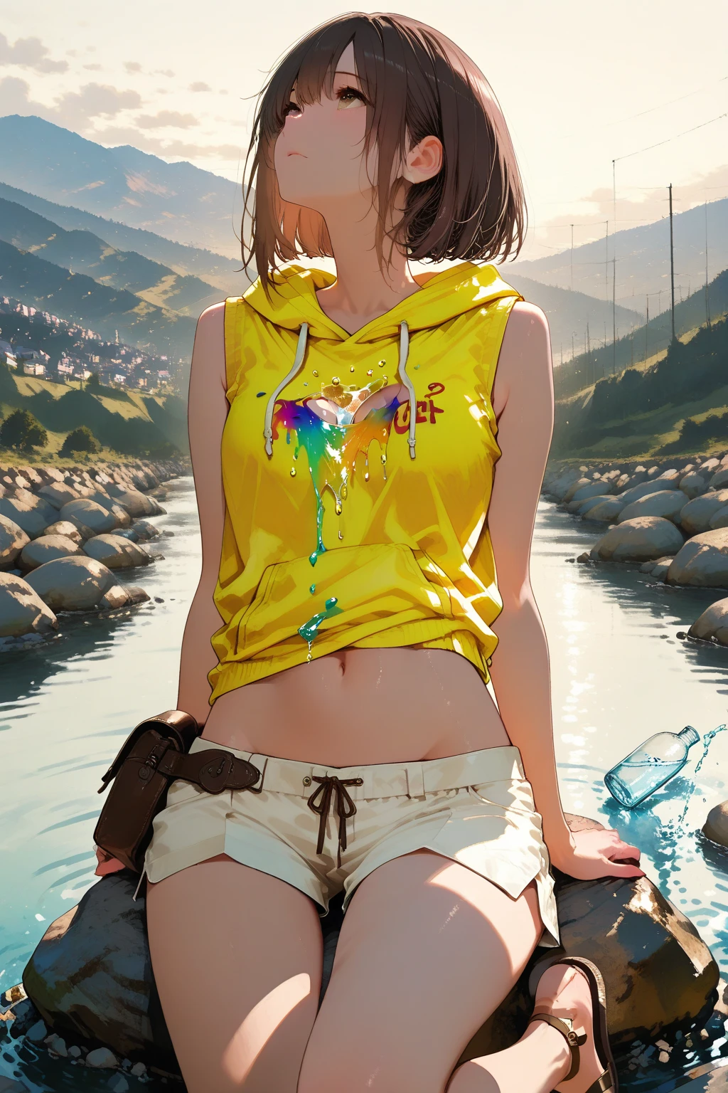 Young female tourist at waterfall, bright sunshine, warmly dressed, bright clothing, highres,4k,HDR,1girl, photorealistic, realistic,sweat skin, wet clothes, wet body, soaked, dripping, smiling at viewer, closeup