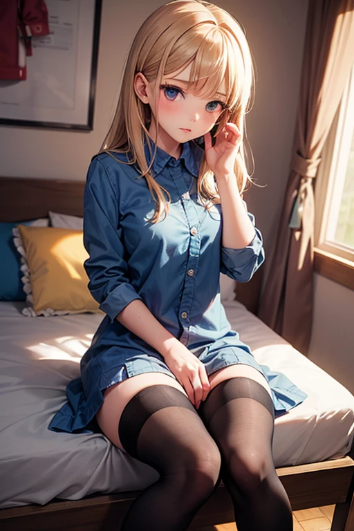 photorealisim、top-quality、超A high resolution、Japanese high school girl、Super beauty、Detailed Focus:1.3、School uniform、18year old、at bedroom、Girl sitting on bed with crotch open、spreads both leg、Low position shooting、Bend your knees and open your legs:1.5、M-shaped legs、Hands behind your back、((Show panties:1.5))、Disheveled clothes、sexy look at the camera、pantie shot、((blondehair:1.2))、((Pink Panties:1.2))、Close-up in panties:1.4、Light blue shirt、Dark blue tartan plaid pleated skirt、Dark blue socks、Detailed cute and beautiful face、(pureerosface_v1:0.008)、eye liner、red blush、embarrassed from、glares、 shiny lips: 1.4, impatience、Frightened、glares、Panty appeal、red blush、is crying、Crying、Dressing、Anatomically accurate、perfect arms、perfect hand、Perfect fingers、perfect leg、