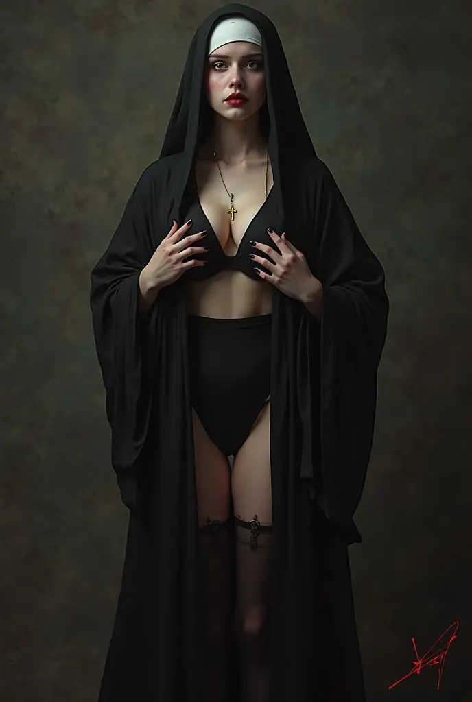 In the shadows of a gothic kingdom, emerge la figura de una diosa oscura en su desnudez, an artistic vision that summarizes the mysterious elegance and melancholy of the Gothic style. Su piel, pale as the moon on a starless night.., takes on an ethereal tone that seems to absorb the light around it. Every inch of her epidermis reflects gothic beauty.., a pale masterpiece of darkness. Las sombras se enredan en sus poros como si fueran parte de su esencia.., creating a harmony between lights and shadows that highlights its contours. Los ojos, Profound and enigmatic, son dos abismos que parecen absorber la luz de la realidad. la mirada, melancholic and penetrating, sugiere un conocimiento antiguo y oscuro. Su cabello, negro como la medianoche, cae en cascada sobre sus hombros en ondas suaves y misteriosas, a current of darkness that frames his face with gloomy elegance. The Gothic goddess appears without an outfit, its nudity converted into an artistic expression that highlights the unique and somber beauty of its form. Every curve and angle of your body becomes a living sculpture.., an ode to gothic aesthetics that plays with the duality of light and darkness. en sus manos, Contains nothing but the very essence of darkness.., permitiendo que las sombras se extiendan con una gracia misteriosa. The lines and contours of his figure are accentuated by the absence of clothing....., creating a visual harmony between soft light and deep shadows. Bajo sus pies, el suelo se desvanece en la penumbra, marking each step with an ethereal imprint that blends with the surrounding darkness. This gothic goddess, in its artistic nakedness, embodies the unique and evocative beauty of the Gothic style, a presence that awakens fascination and melancholy in every corner of the gloom.