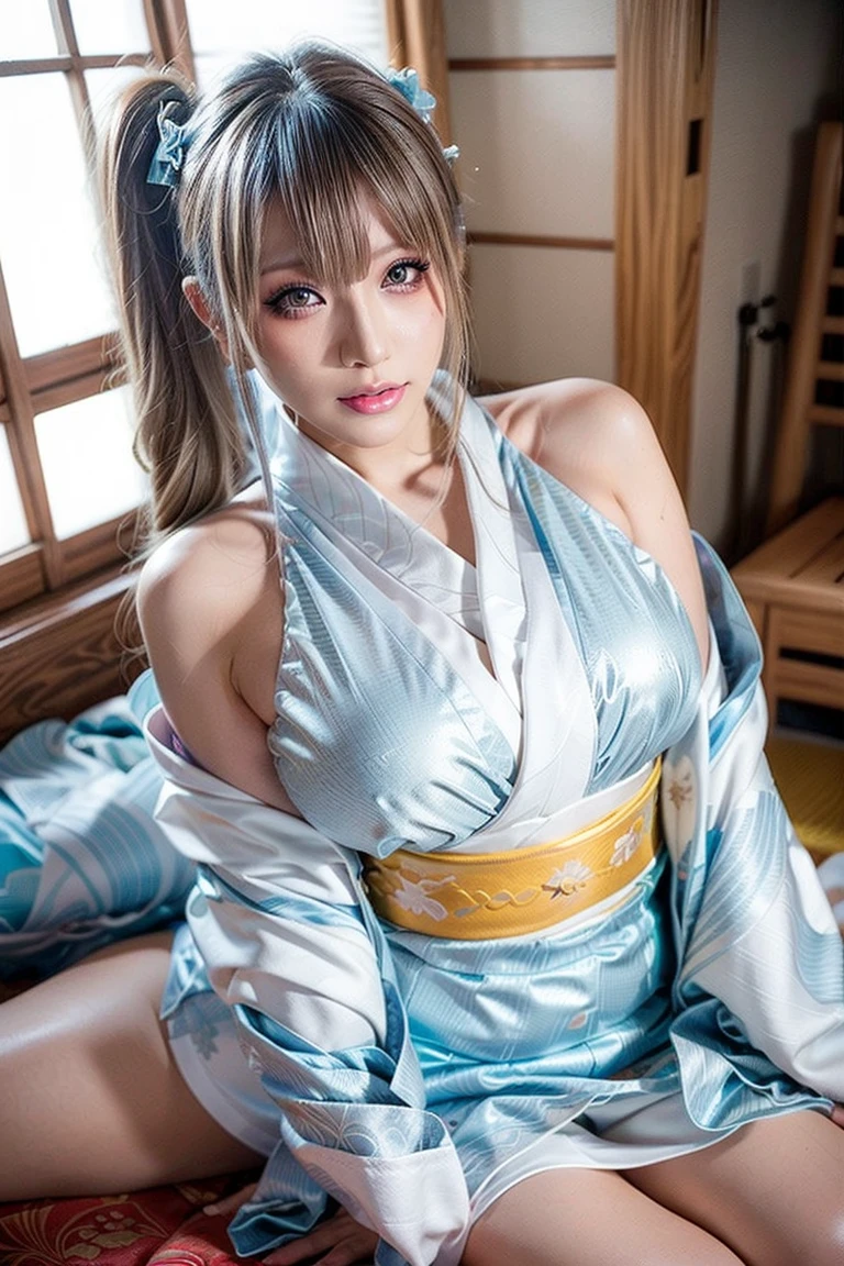 ((最high quality)), ((masterpiece)), (detailed), One girl, sexy, night, Raw photo, (((Very beautiful portrait))), (Very beautiful portrait))), sexyな20代の少女, ((Natural straight golden hair)), [Blue eyes],A gentle smile looking at the camera(Cleavage), ((masterpiece, 最high quality, 超detailed, Cinematic lighting, Exquisite detail, High resolution, 8K, 非常にdetailed)), detailed背景, 8K Ultra HD, Digital SLR, Soft lighting, high quality, Film Grain, Fujifilm XT3, Shallow depth of field, Natural light, Perfect Face, On the futon, ((kimono)), (はだけたkimono), No underwear, Spread your legs, The legs are visible, (Beautiful legs), Insert a stick into the hole between your legs, ((Insert a stick into the hole between your legs))
