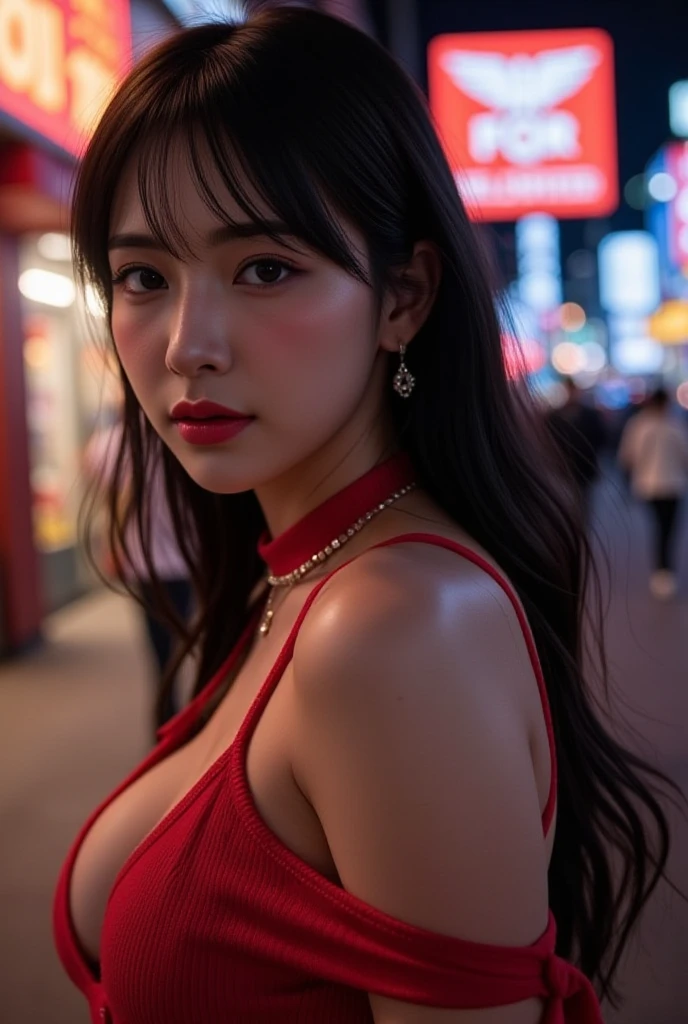 (8k, RAW photo, highest quality, masterpiece: 1.2), (realistic, photorealistic: 1.37), 1 girl, Japan, woman in her 30s, cityscape, night, professional lighting, photon mapping, radiosity, torn, big, very small micro bikini, areola, pubic shape clearly visible, pubic hair, lower abdomen bristles, gal, eyelashes very much, eyeshadow on eyelids, bright red lip, bright red heels, bright red choker,