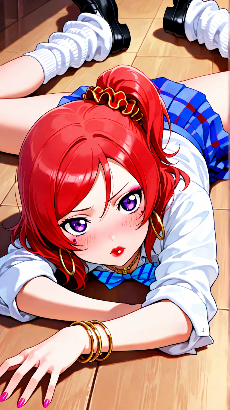 1girl, hetero, tattoo, 1boy, sex, v, penis, long hair, twintails, double v, thighhighs, corruption, vaginal, heart-shaped pupils, gloves, heart, symbol-shaped pupils, blush, elbow gloves, open mouth, pubic tattoo, solo focus, red eyes, collar, covered nipples, smile, purple hair, jewelry, magical girl, dark persona, looking at viewer, sailor collar, red hair, earrings, breasts