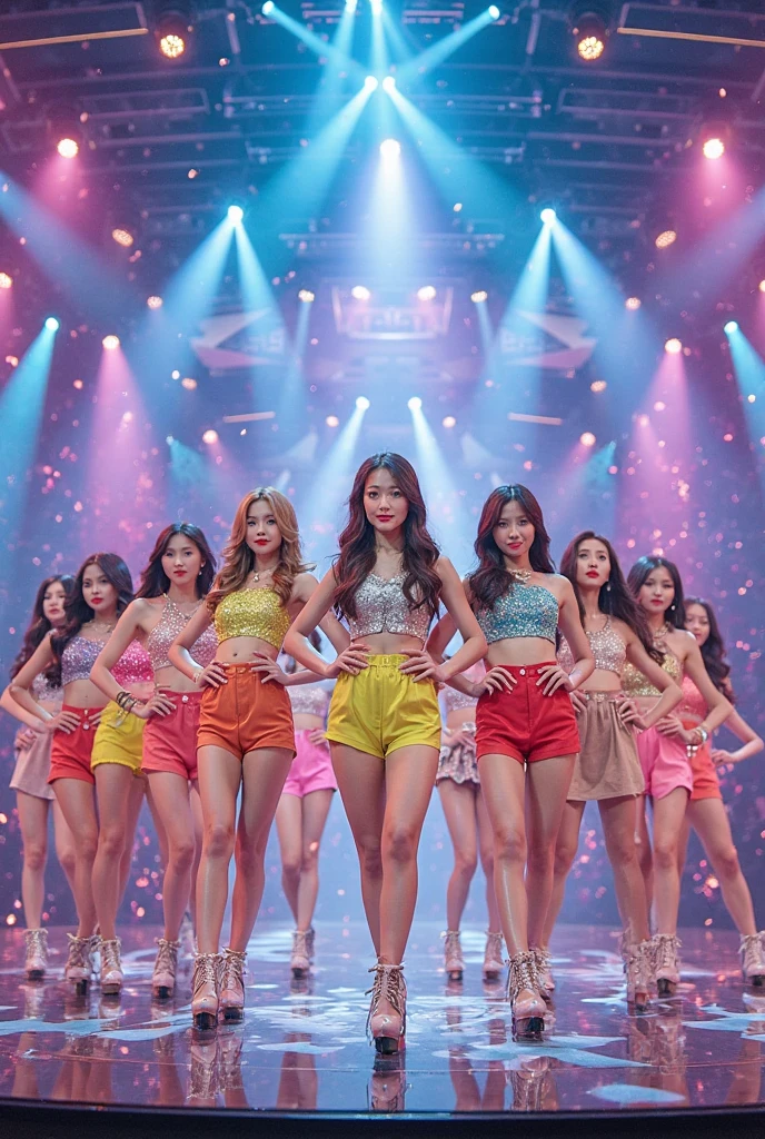 "Colorful and vibrant depiction of Girls' Generation, also known as SNSD, showcasing their individual beauty and dynamic poses. High quality rendering with detailed facial features, mesmerizing eyes, and perfectly styled hair. The background setting exudes energy and joy, with vibrant lighting, dynamic elements, and a sense of movement. The overall composition should capture the essence of Girls' Generation's music and charisma."