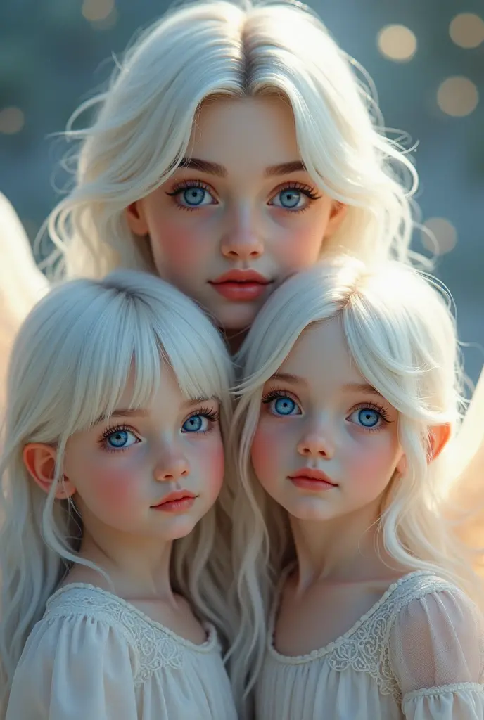 Two small children together with a young woman. These three have platinum hair and violet eyes as characteristics.