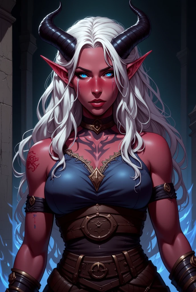 ((best quality)), ((masterpiece)), (detailed), 1girl, mixed race girl, African American + Caucasian girl with lighter skin, young woman, beautiful, skinny, white hair, modern western attire, cloak, horned girl, devil horns, elf ears, cleavage, thigh, short skirt, sexy