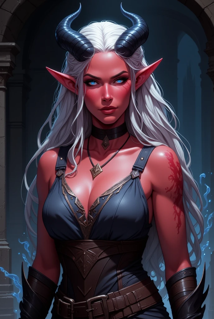 1girl, beautiful shenightborne, dark elf, drow, pale skin, dark purple skin, tattoo, facepaint, long white hair, jewels, earrings, piercing, red dress, forest, tree, night, dark atmosphere, athletic, volumetric lighting, best quality, masterpiece, realistic,
