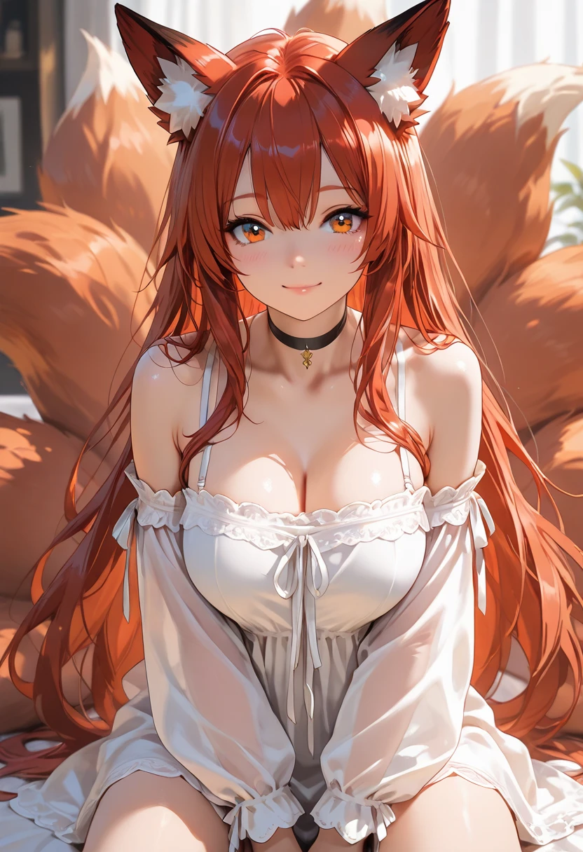 1 anime girl, Long orange spiky hair, white tight dress, big breast, blushed face
