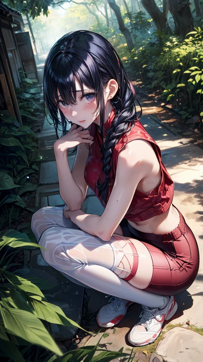(masterpiece), (best quality), (ultra-detailed), intricate detail, perfect anatomy, 1girl, <lora:asamiya_athena:0.65:MIDD>, <lora:hipoly3DModelLora_v20:0.1>, aa1, (purple hair), long hair, fringe, bang, hairband, long hair, necklace, bike shorts, earrings, red dress, medium breasts, puffy short sleeves, white sleeves, wristband, fingerless gloves, (shame), (sad), (frown), closed mouth, (blush:0.8), river background, <lyco:lickMyFeet_v1:0.2>, ((LICK_MY_FEET, FOOT_FOCUS)), ((wet, rain, water drop)), low contrast,