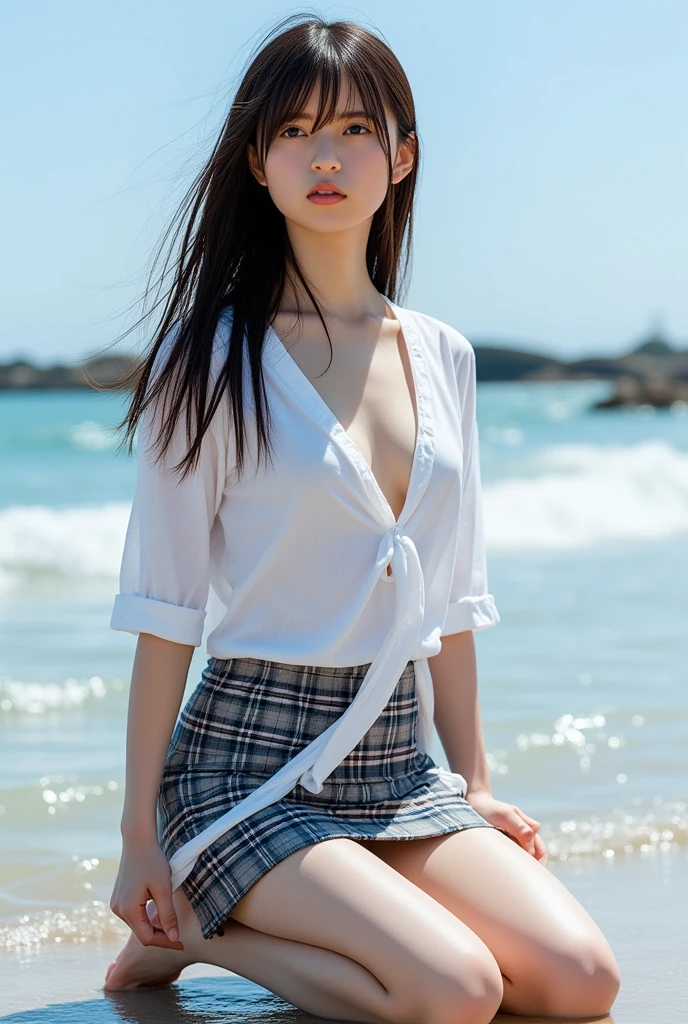 (((Top-down configuration:1.33)))、(((A strong wind is blowing、Her hair and skirt are flying、Kneel, Open shirt:1.68、Pleated skirt、Leaning forward:2.25)))、((No underwear:1.55))、One Girl、Beautiful and detailed eyes and face、barefoot、20 year old cute Japan woman, ((Extremely precise and accurate anatomy:1.0)), (photo Realistic:1.4), (hyper Realistic:1.4), (最高品質のRealisticな肌の質感:1.4), (Improvement of quality:1.4), (Enhances the beauty of skin texture:1.1), Clean and glowing skin, mesh, thin:1.2, (Realistic:1.3), Realisticなライティング, (Smoother lighting:1.05), (Improving the quality of cinema lighting:0.9), Backlight, A gentle light on your face, Ray Tracing, (Bright light:1.2), 32k, One Japanese woman, fine grain, Detailed face, (Film Grain:1.1),(Accentuates body lines:1.1), High resolution, Natural look, Kind eyes, Improves hair quality, Delicate light and shadow, Transparent muscles, Graceful pose, Beautiful Eyes, Sharp details, Soft light reflection, Beautiful contours, Delicate skin tone, Fine hair texture, Natural background, sunny day、Beach、splash、Sandy Beach、Light of the sun、clear blue sea、The waves crash quietly、Blue sky and white clouds、green mountain々、Beautiful Nature、The joys of youth