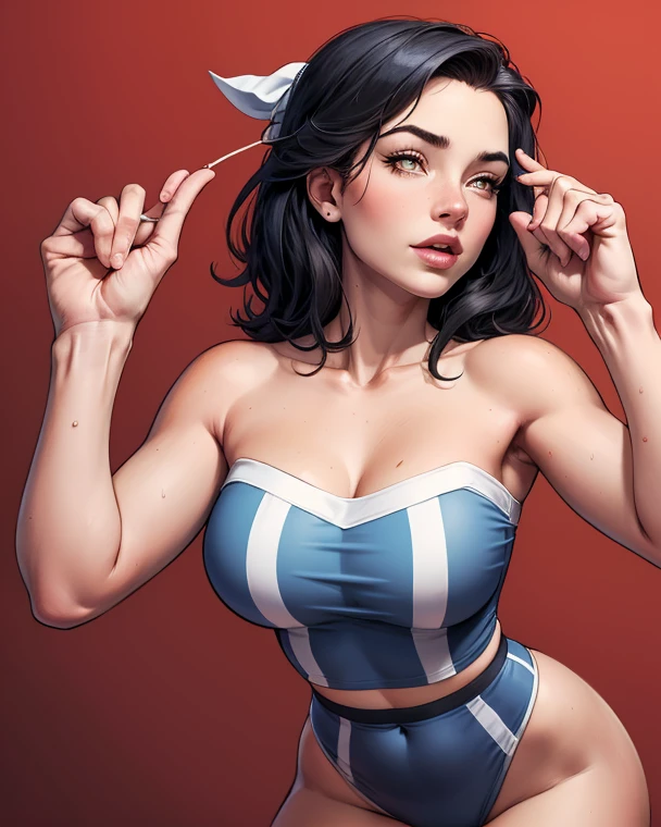 Thin woman, age 25, 4K (High definition), thoughtful, seducing gaze, eyes browns, wearing a beige dress (blue stripes) with a boat neck and short sleeves, arms positioned at the side of the body, Caucasian skin, straight black hair down to shoulder length, standing (upper body), full of curves with freckles across her chest and neck, natural round breasts. Marvel style high quality, white background.