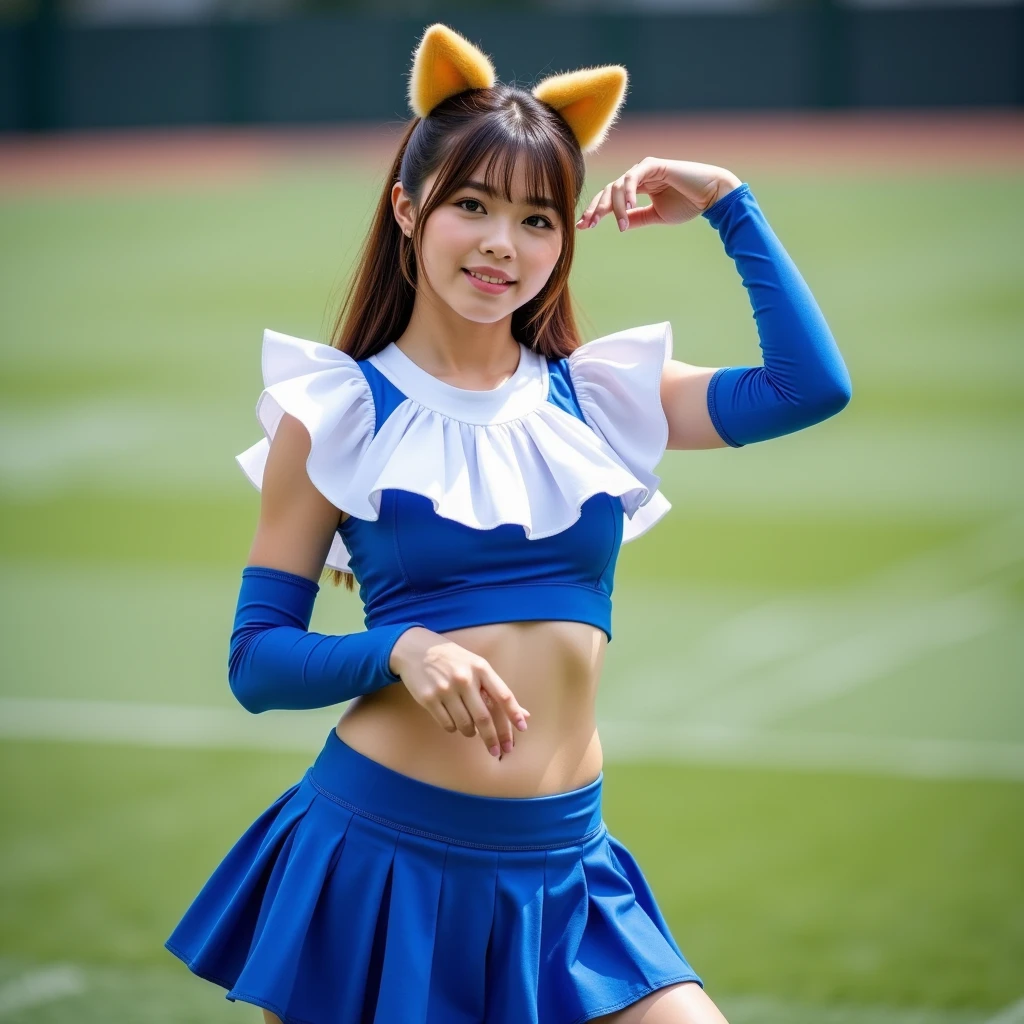 (Masami Nagasawa　jumping high kick),(white panties),(shoot from below),cheerleader open thighs,coverd nipples,
1 girl, solo, cheerleader, perfect hands, open mouth, smile, long hair, blushing, brown hair, ponytail, belt, (fox tail), (fox ears), navel,crop top, blue skirt, pleated skirt, midriff , removable sleeves, elbow gloves, looking at viewer, outdoors, stadium, blurred background,blue sky,