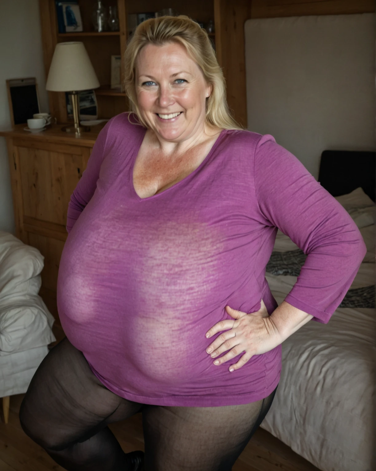 1girl, photorealistic, realistic, photo of a Czech woman, (((sexy chubby))), (chubby), (ugly face:1.1), middle age, blonde hair, long hair, a 45-year-old woman, body of 45-year-old woman, wrinkles on her face and body, (((cleavage))), (((She is standing seductively in her French country bathroom evokes a scene of rustic charm and timeless elegance. The bathroom is adorned with vintage-inspired elements characteristic of French country style. Think of distressed wooden cabinets, wrought iron details, and delicate floral accents. The color palette includes soft shades of cream, pale blue, and muted greens, creating a serene and welcoming atmosphere))), she is looking at the camera smiling, (((dynamic pose))), (((she is wearing a color light blue silk lace bodysuit)))