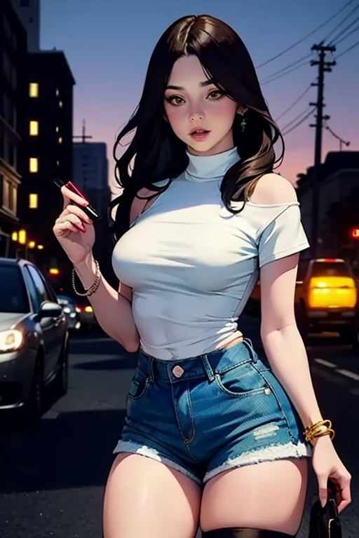 woman,(((from below))),huge tit((big assa)),Tight sports bra,((denim short)),Busy city,ssee-through,(tempting pose),(Long legs:1.7),looking at viewert,frenzied,(Eye contact),realisticlying,tmasterpiece,photography of,best qualtiy,8K,hdr,RAW photos,A high resolution,absurderes:1.2,Canon 5D3,filmgrain,blur backgroun,Canon 5D3,Ultra-detailed face and eyes and hands,