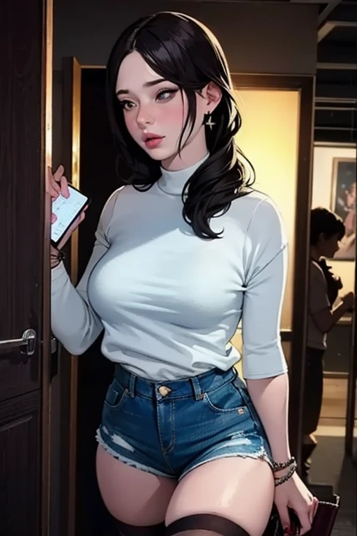 femme de 20 ans, Cheveux noirs ondulés , asiatique aux yeux marron, Des seins généreux et lourds , chubby, lèvres pulpeuses, naturellement courbé, cuisses musclées , fitting room, chemisier et jupe longue ,selfie, heels 