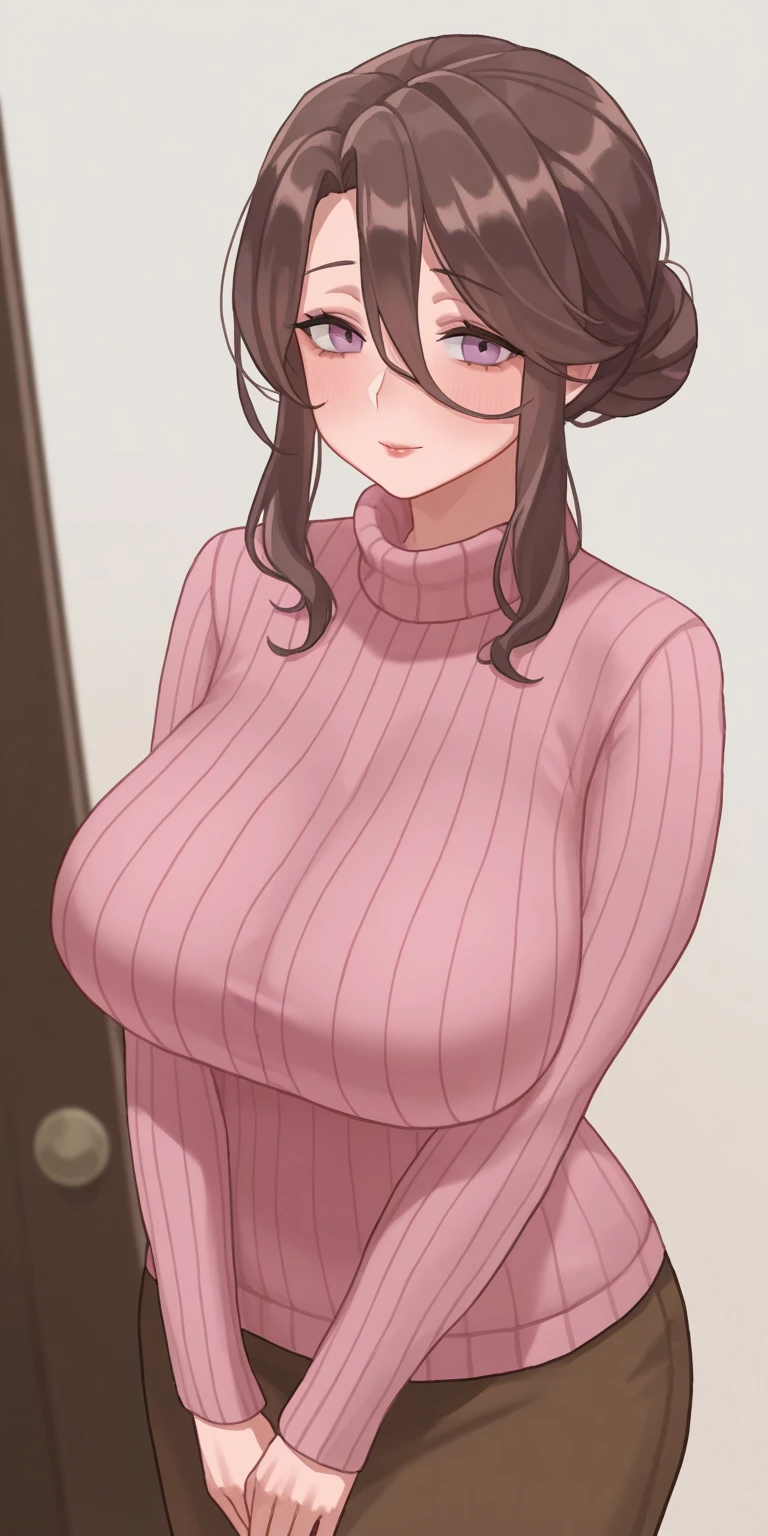 <lora:terasu_mc:0.4> art style of terasu mc,<lora:Mori Kaede:0.8> Mori_Kaede,smilling,<lora:ntrface-wasabiya:0.6> ntrgao,brown short hair,ponytail,hair tie, cleavage ,yellow sweater,<lora:qos_tattoo_v0.5:0.8>breast tattoo queen of spades symbol ,