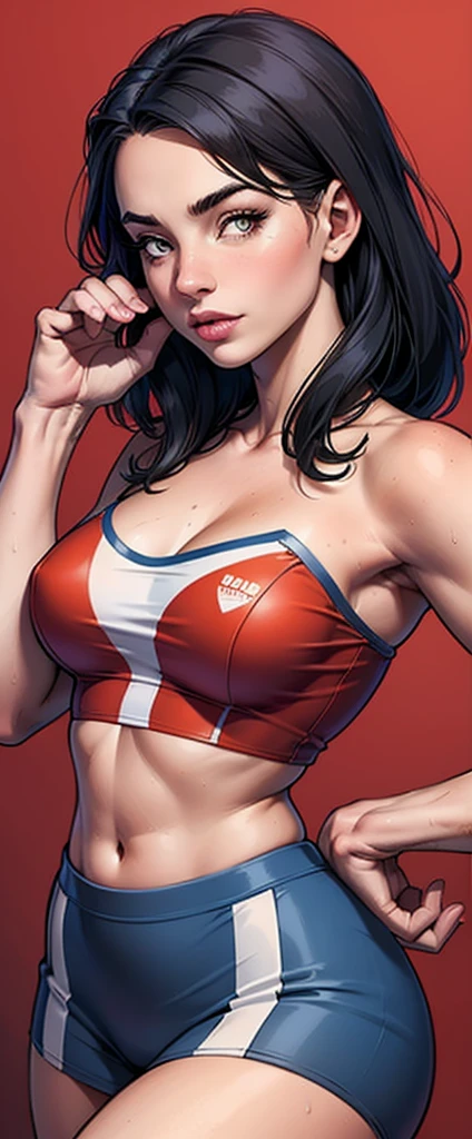 work of art,best qualityer,high resolution,30 year old woman,hair blue,tied up hair,beautiful  face,yellow  eyes,glare eyes,Cat's ears,perfectbody,ATHLETIC BODY,milf,body builder pose, breasts small, thick-thighs,big-ass,round buttocks,body builder,Jacket over,good, perneiras,standing,expression of pleasure, inside the room