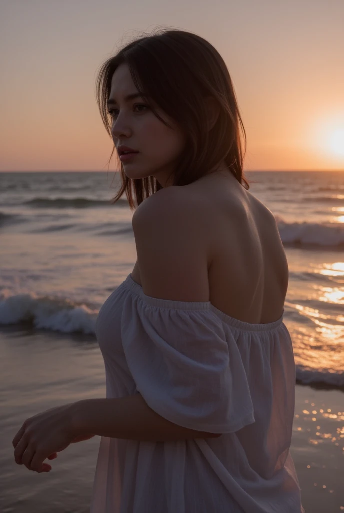 a naked and wet woman on the beach seen from behind, beautiful detailed eyes, beautiful detailed lips, extremely detailed eyes and face, long eyelashes, photorealistic, realistic, photo-realistic:1.37, 4k, 8k, high quality, highly detailed, masterpiece, cinematic lighting, dramatic lighting, warm color tones, golden hour, natural lighting, ocean waves, sandy beach, dunes, scenic landscape