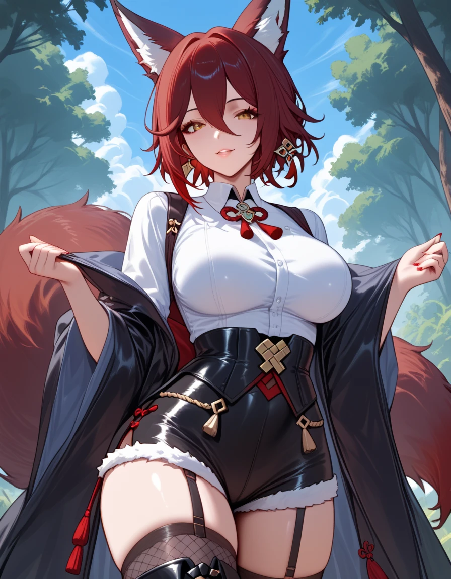 hairy girl,(fox girl:1.5),(best quality,4k,8k,high resolution,masterpiece:1.2), Super detailed,maid outfit, fox-like red hairy girl with short hair, fluffy hair, Shy, beautiful red eyes, wear glasses, very fluffy tail, big breasts, Headband, 17 years old, happy, young body, Good girl, wearing a skirt, street, cute big breasts, blush, longing for love,animal nose,black nose