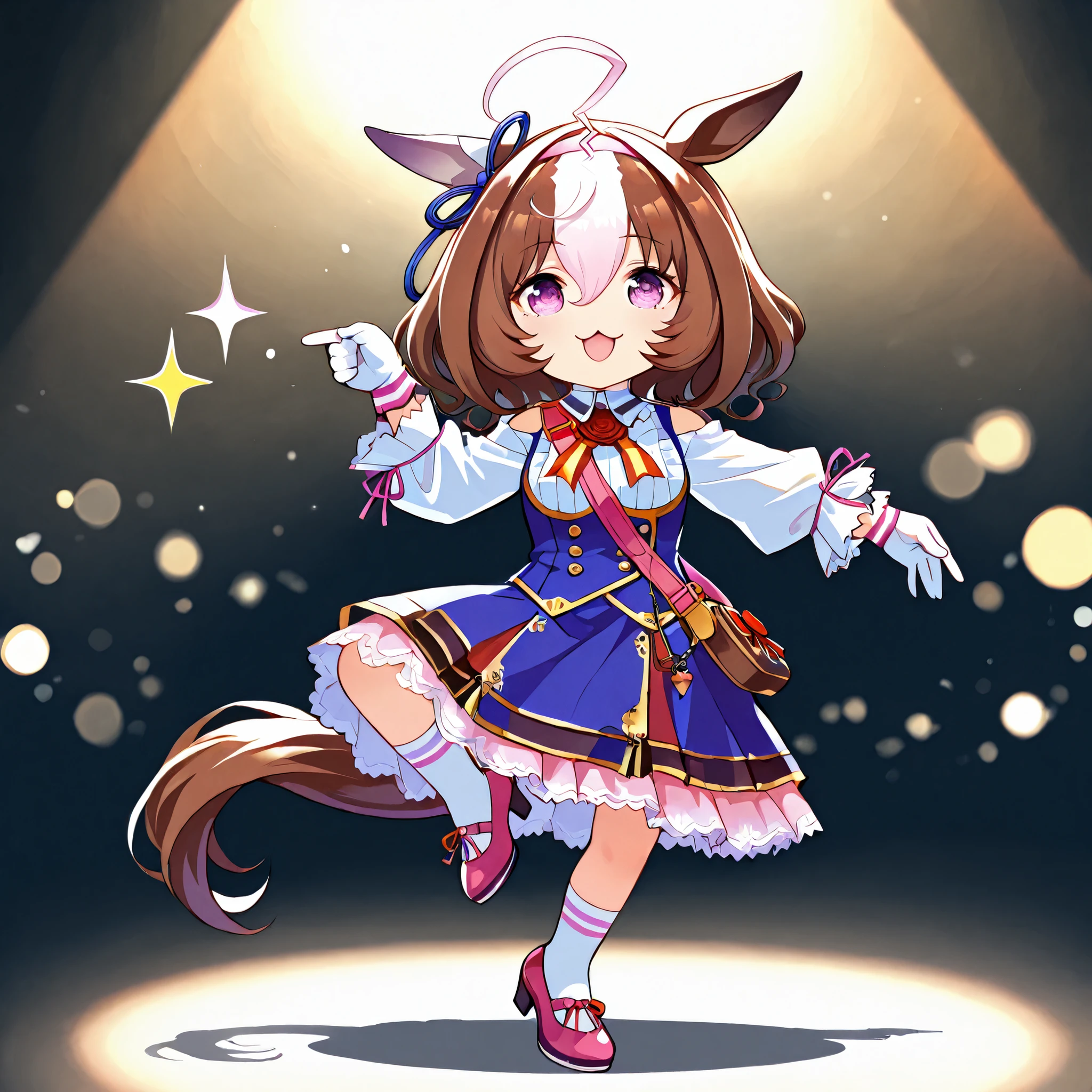 chibi, (masterpiece, best quality, perfect face:1.4), wide angle, meisho doto \(umamusume\), 1girl, ahoge, horse ears, ear ornament, pink headband, horse tail, tail on the lower back, proportional body, proportional, beautiful hair, beautiful face, beautiful detailed eyes, beautiful clavicle, beautiful body, beautiful chest, beautiful thigh, beautiful legs, beautiful fingers, looking at viewer, BREAK, chibi, pointing, standing on one leg, :3, open mouth, meme, parody, simple background, white background, full body, (white open shoulder blouse, salmon pink chiffon skirt, (midi length skirt:1.2), pumps), studio lighting, ultra-fine painting, vivid colors, sharp focus, extreme detail, professional with delicate underwear, HDR, UHD, bokeh effects, extured skin, realistic skin, HDR, BREAK, good hands

